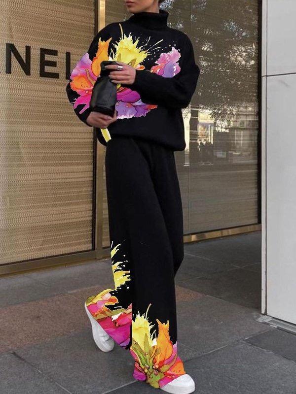Loose Wide Leg Flower Print Pants Trousers Product Image