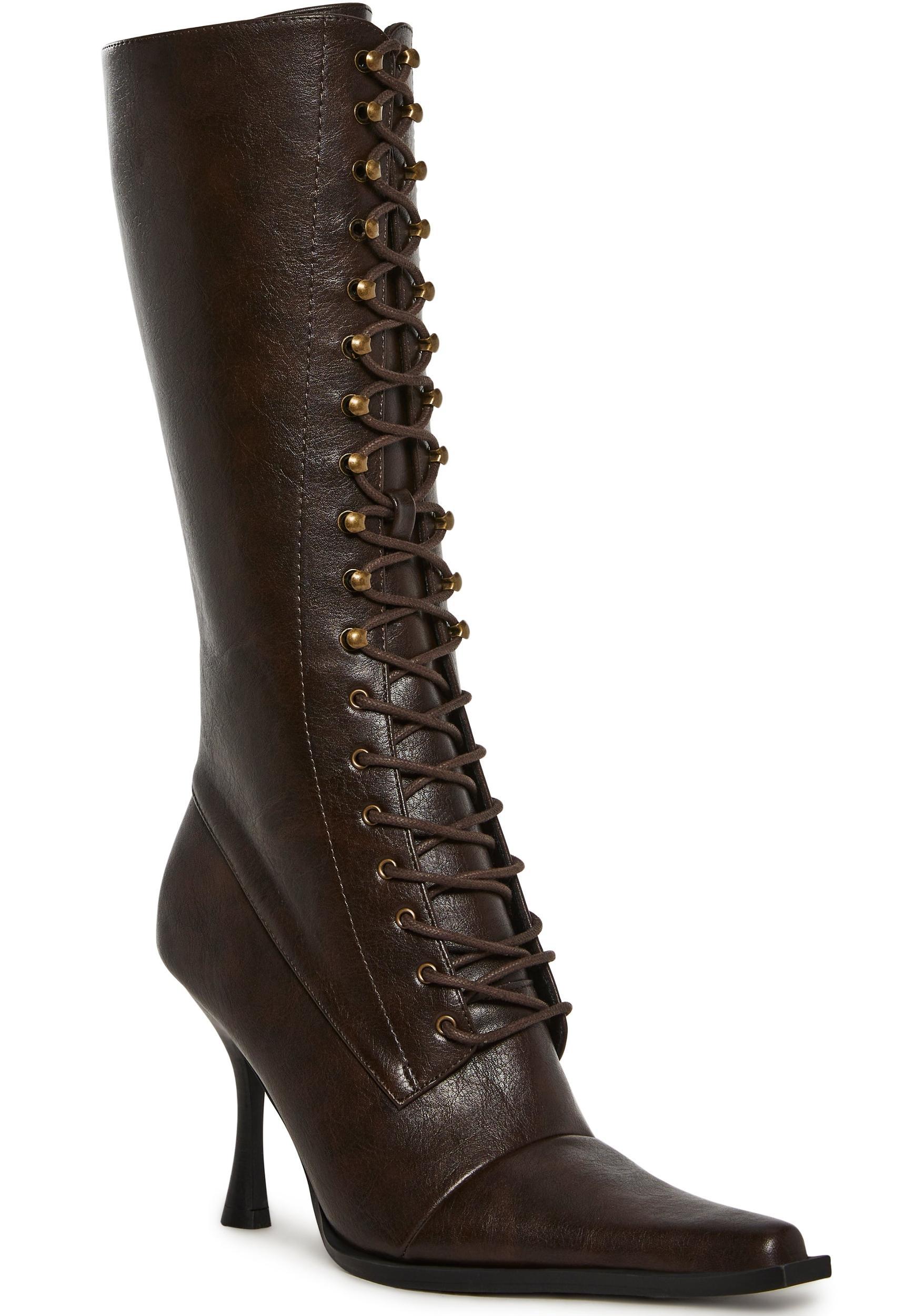 Vegan Leather Side Zipper Lace Up Boots Generation Kiss - Brown Product Image