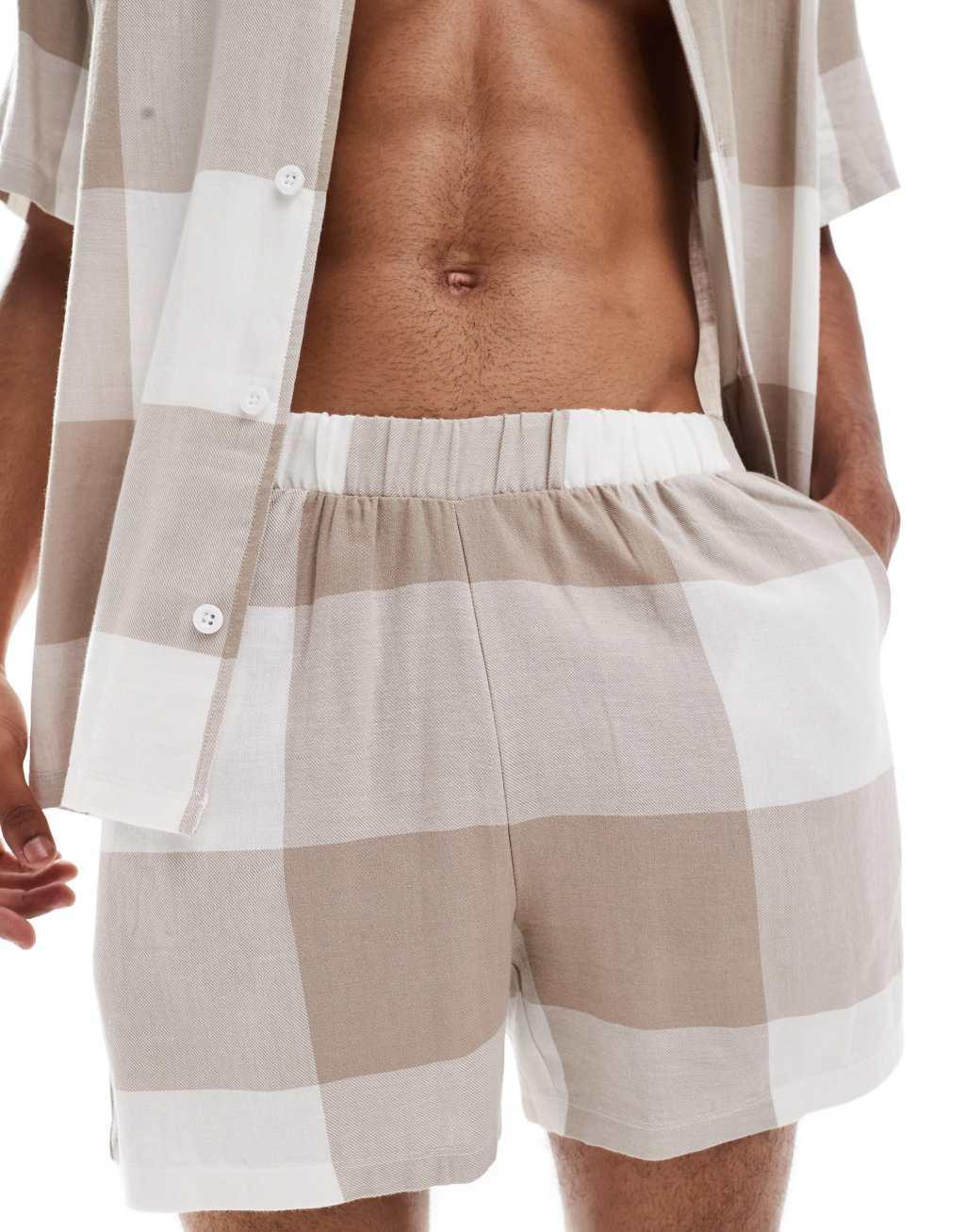 ASOS DESIGN plaid shirt and shorts loungewear set in beige Product Image