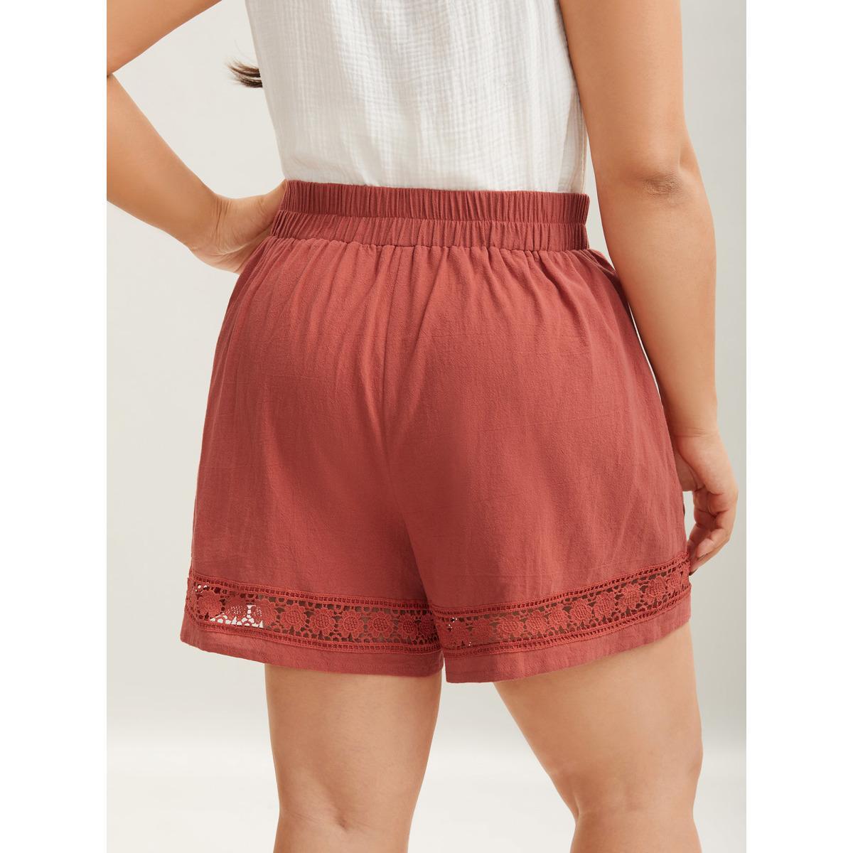 Plus Size Lace Trim Waist-Tie Shorts Women Russet Elegant Cut-Out Straight Leg Everyday-Elegant Shorts BloomChic 14-16/1X Product Image