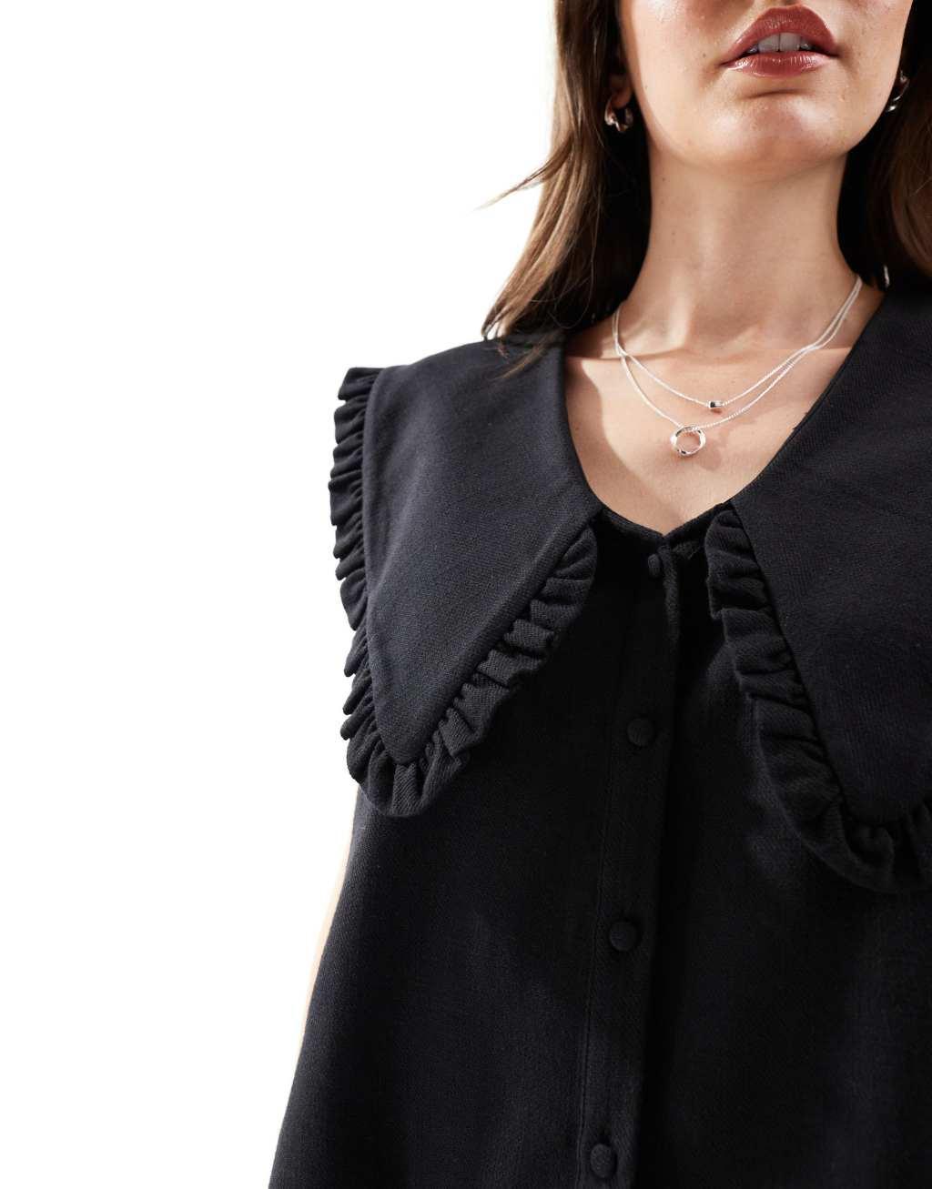 ASOS DESIGN linen look oversized collar detail top in black Product Image