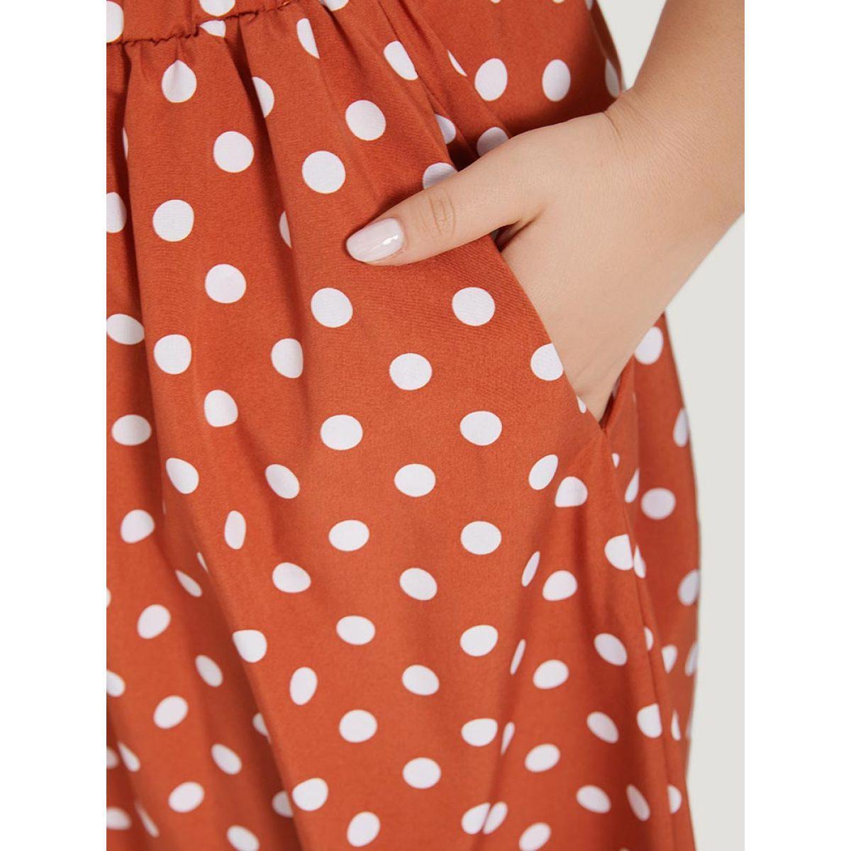 Plus Size Polka Dot Pocket Button Detail Ruffle Hem Skirt Women Coral Elegant Button No stretch Pocket Dailywear Skirts BloomChic 30/6X Product Image