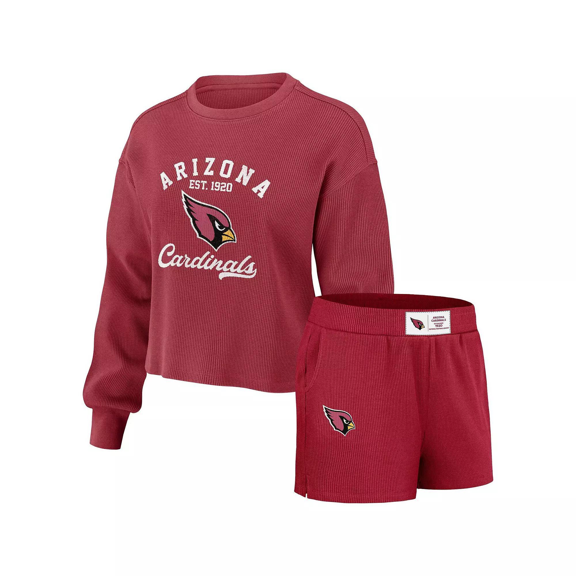 Women's WEAR by Erin Andrews Cardinal Arizona Cardinals Waffle Knit Long Sleeve T-Shirt & Shorts Lounge Set, Size: 2XL, Red Product Image