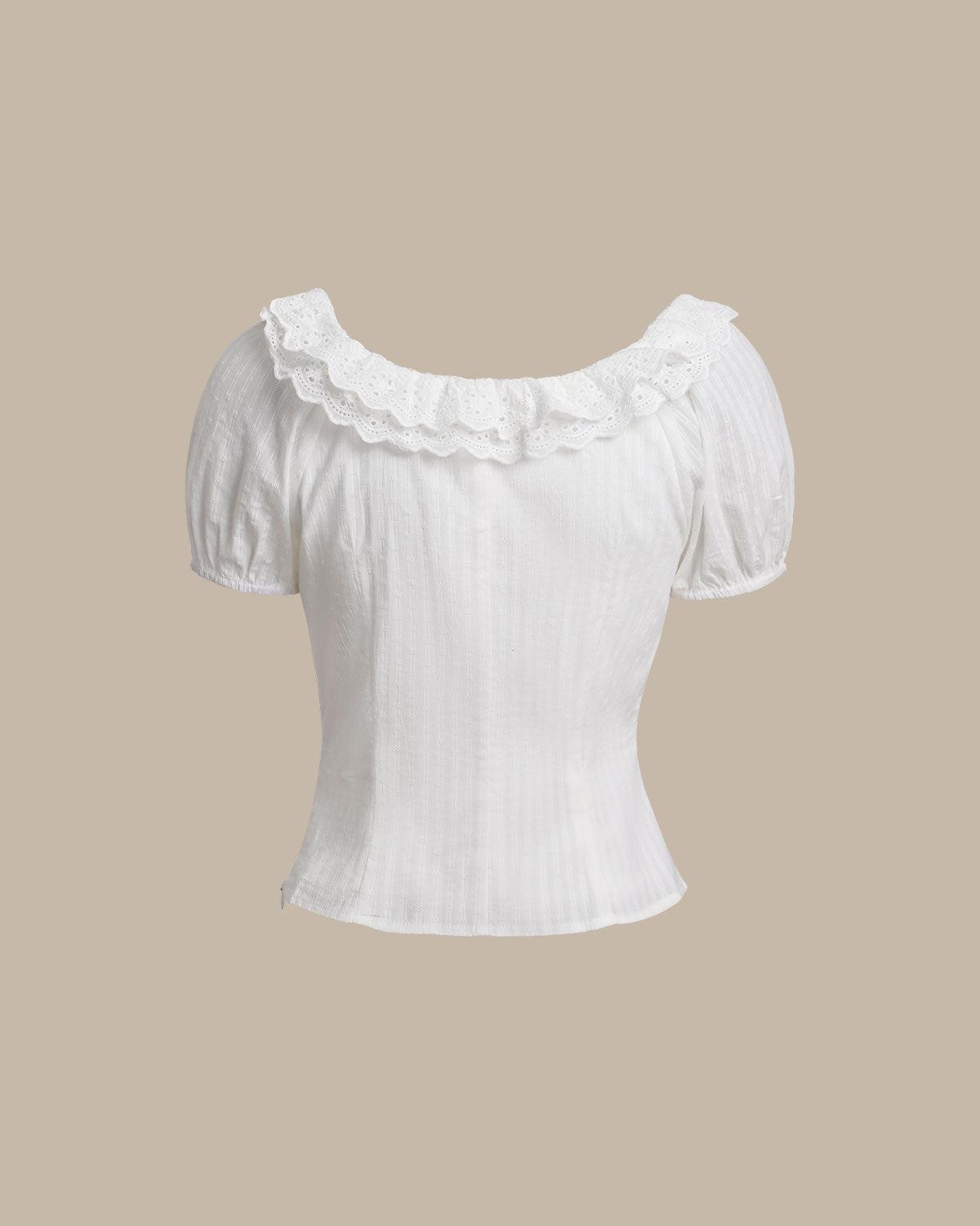 White Textured Scoop Neck Ruffle Blouse Product Image