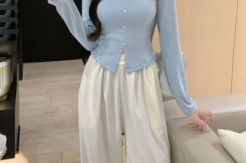 Long Sleeve Notch Neck Plain Button Slit Top Product Image