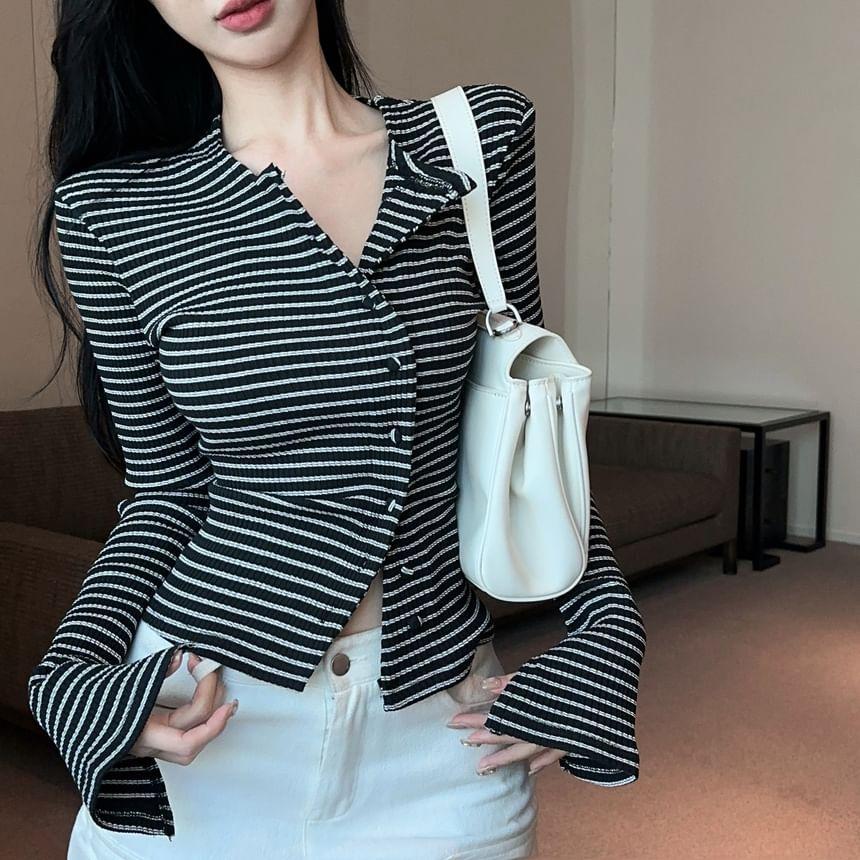 Long-Sleeve Round Neck Striped Button Knit Top Product Image