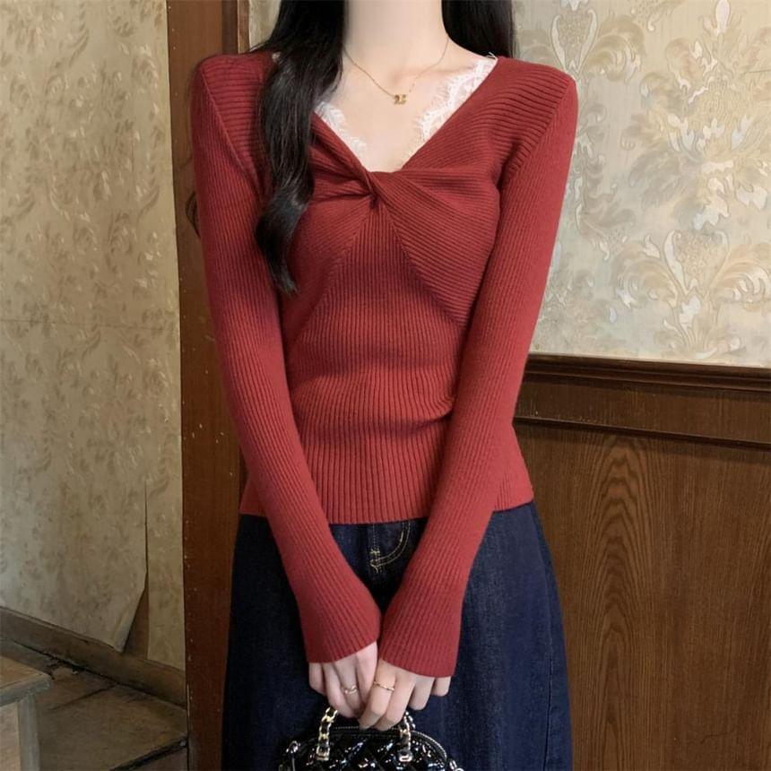 V-Neck Plain Knot Lace Trim Ribbed Sweater Product Image