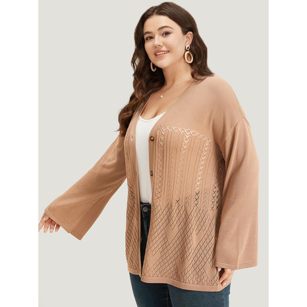 Plus Size Geometric Hollow Out Button Up Cardigan Tan Women Casual Loose Long Sleeve Everyday Cardigans BloomChic 14-16/1X Product Image