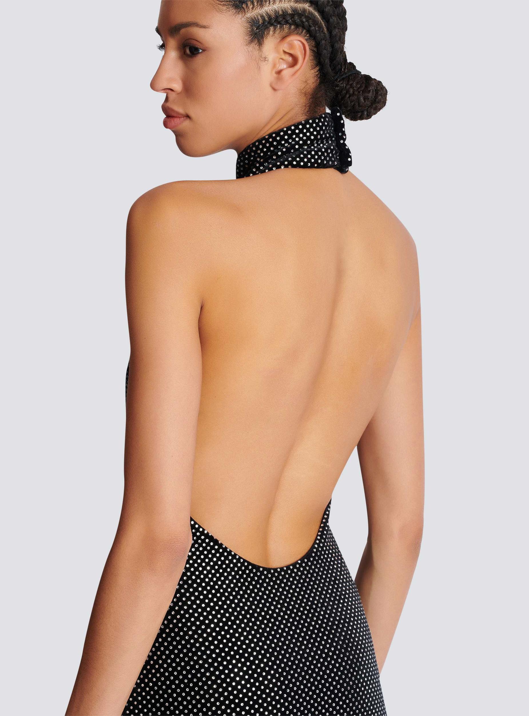 Long velvet halterneck dress with rhinestones Product Image