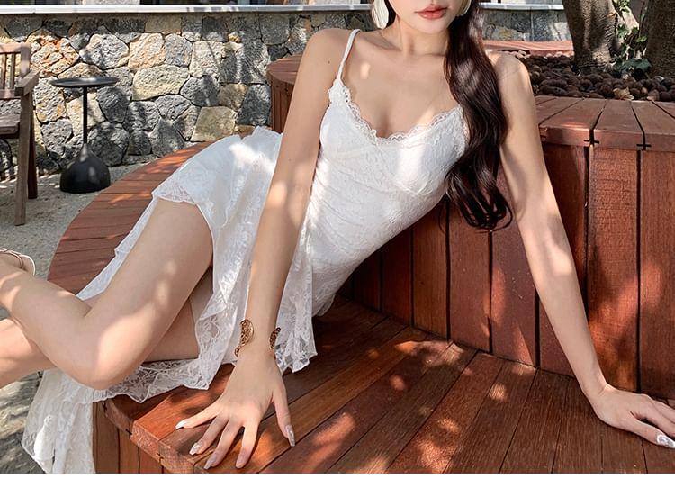 Spaghetti Strap V-Neck Plain Lace Trim Ruffle Trim High Low Lace Mini Bodycon Dress Product Image