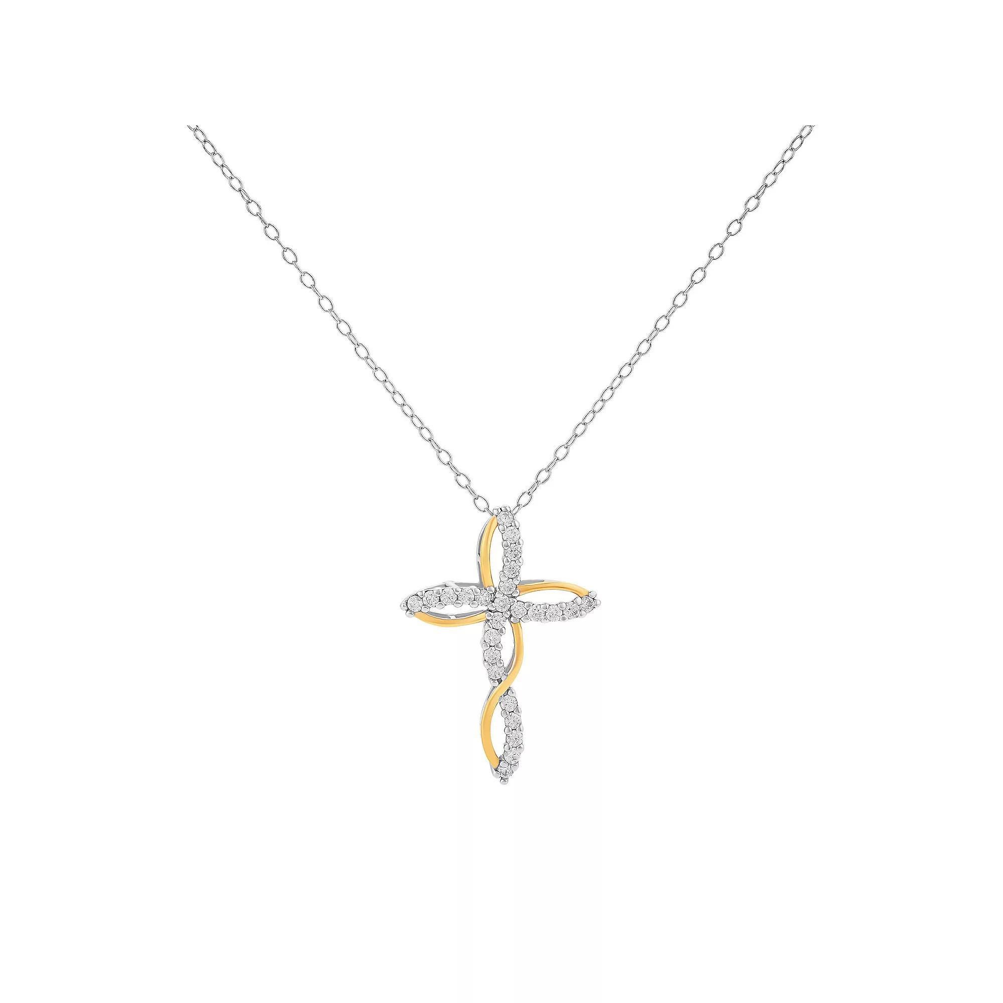 PRIMROSE Sterling Silver Cubic Zirconia Twisted Cross Pendant Necklace, Womens Two Tone Gold Clear Product Image