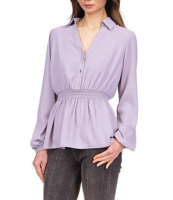 Michael Kors Crepe Long Sleeve Collared Button Front Peplum Shirt Product Image