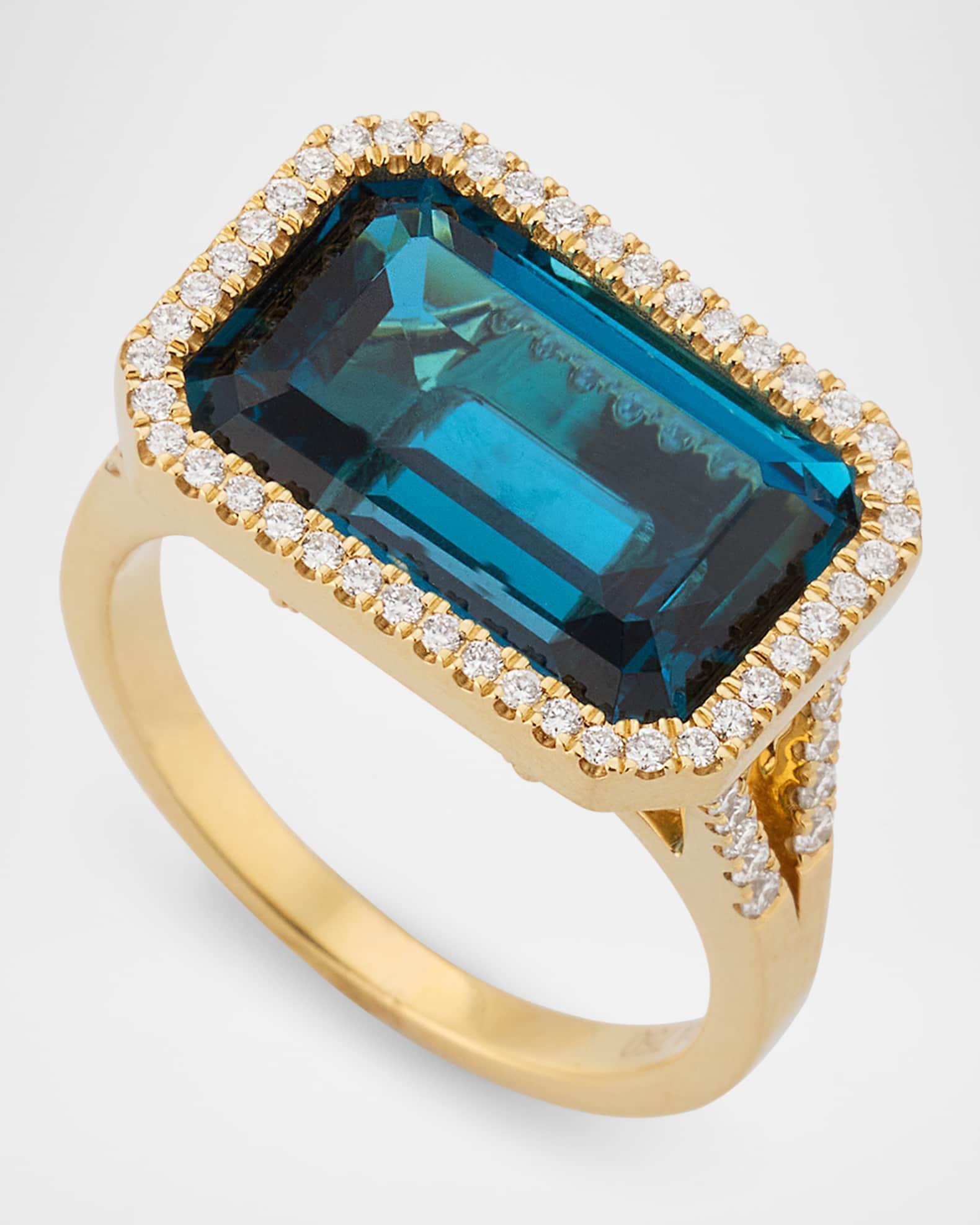 Gossip 18K Yellow Gold London Blue Topaz East West Emerald Cut Ring with Diamonds Product Image