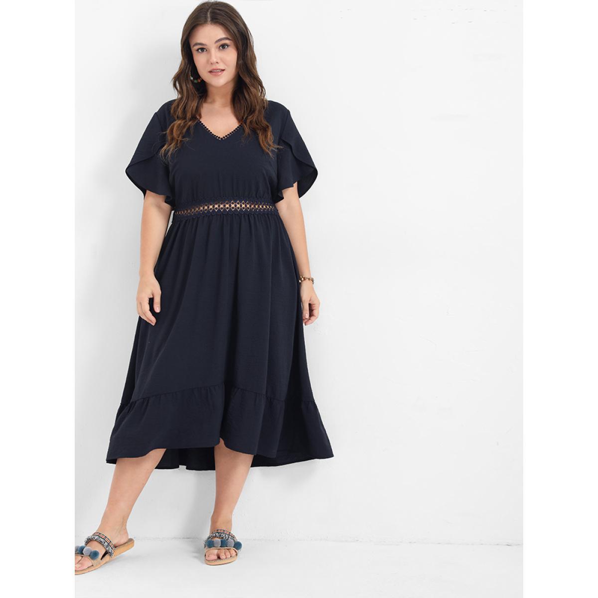 Plus Size Solid V Neck Eyelet Lace Split Sleeve Midi Dress DarkBlue Women Patchwork V-neck Short sleeve Curvy Midi Dress BloomChic 28/5X Product Image