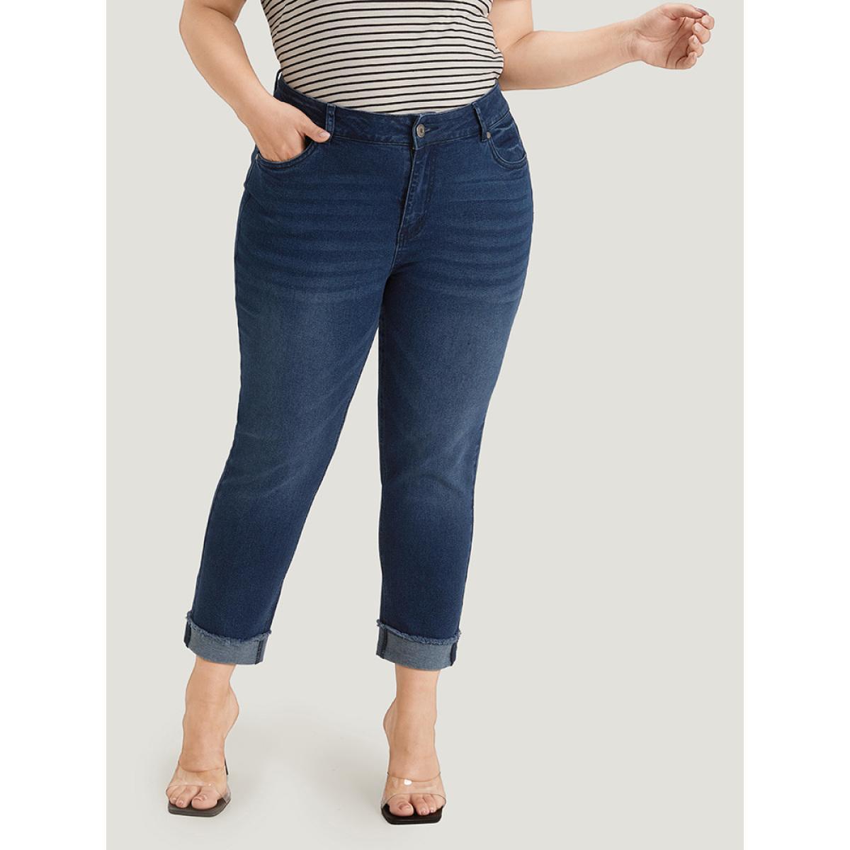 Plus Size Solid Frayed Roll Hem High Rise Jeans Women Blue Casual Plain Plain High stretch Pocket Jeans BloomChic 16/1X Product Image