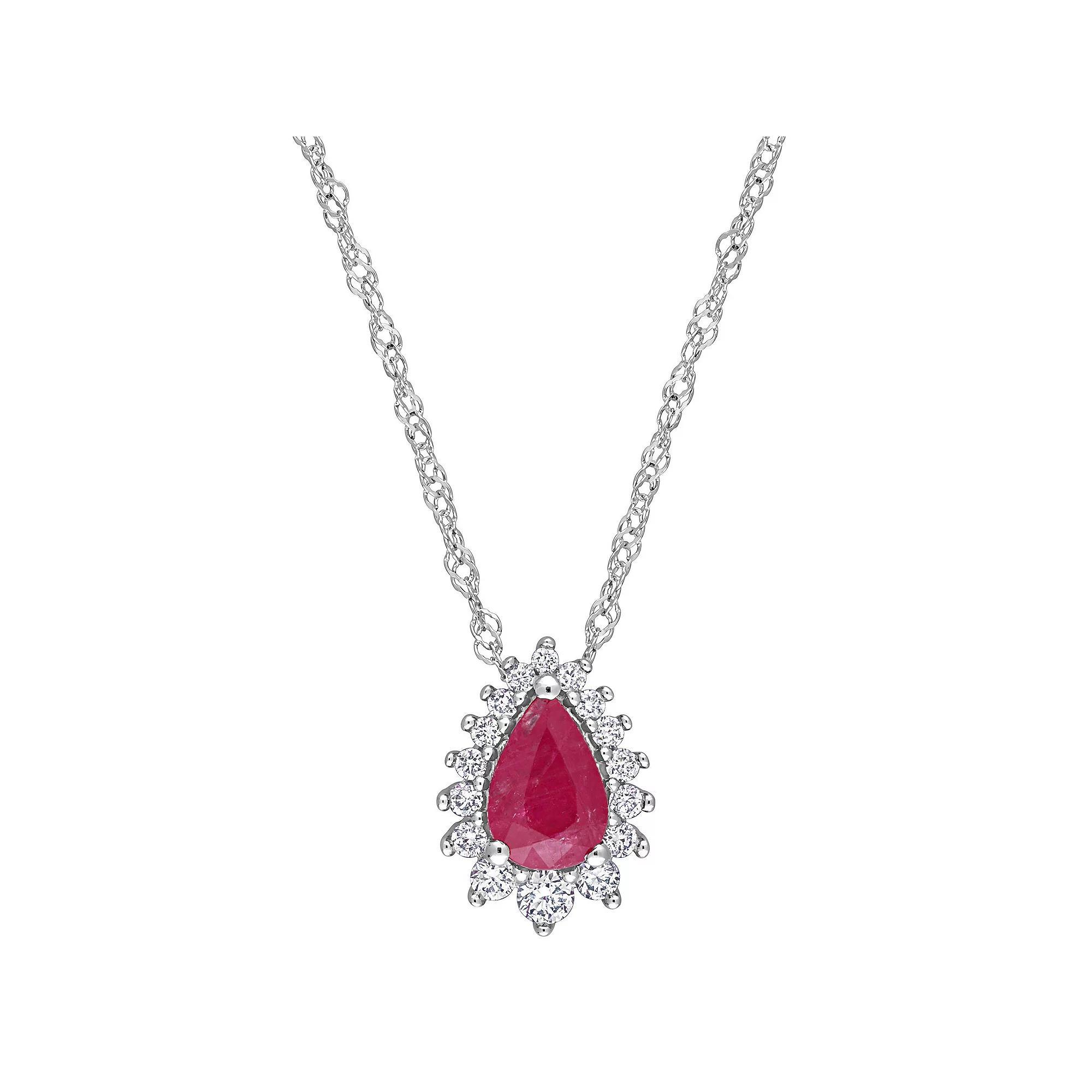 Stella Grace 14k White Gold Ruby & 1/8 Carat T.W. Diamond Teardrop Pendant Necklace, Women's, Size: 17" Product Image