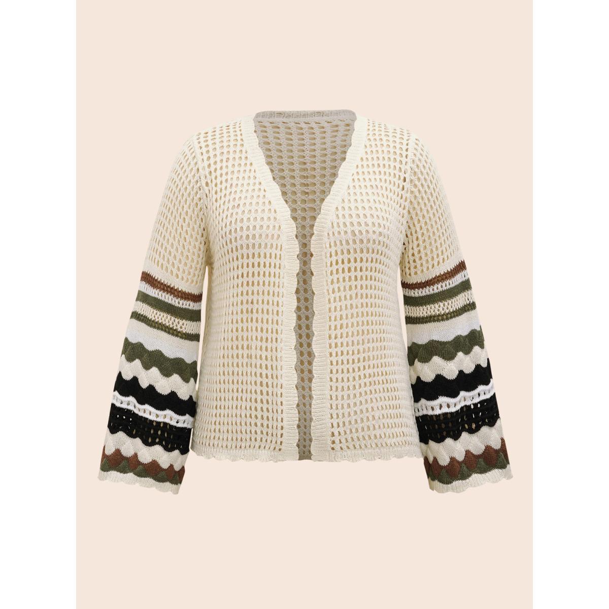 Plus Size Striped Cut Out Bell Sleeve Cardigan Beige Women Casual Loose Three Quater Length Sleeve Everyday Cardigans BloomChic 28/5X Product Image
