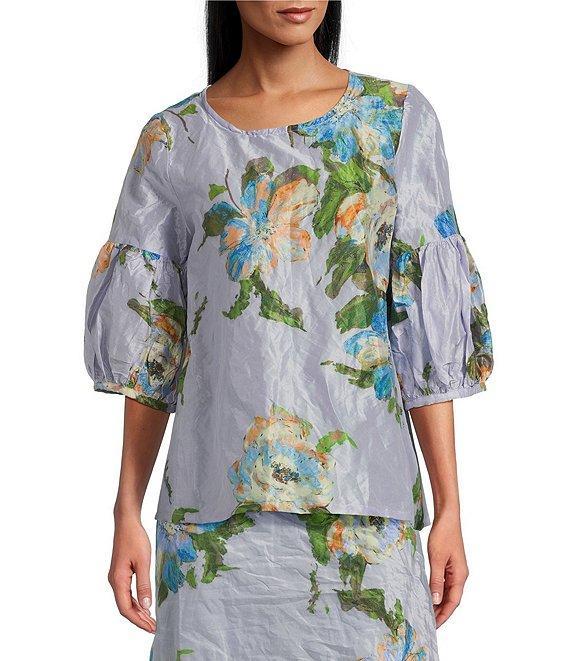 Bryn Walker Memory Crunch Taffeta Printed Round Neck 3/4 Sleeve Lantern Shirt Product Image