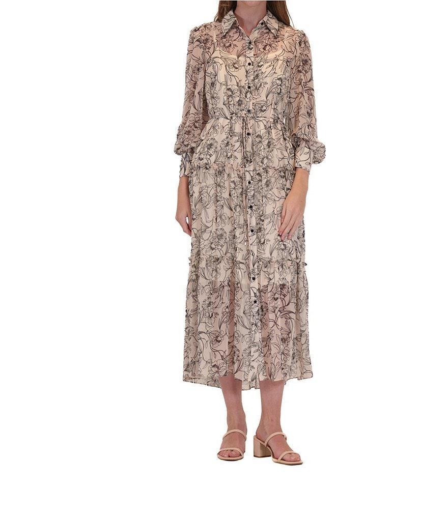 Julia Jordan Point Collar Long Sleeve Floral Print Chiffon Midi Shirt Dress Product Image