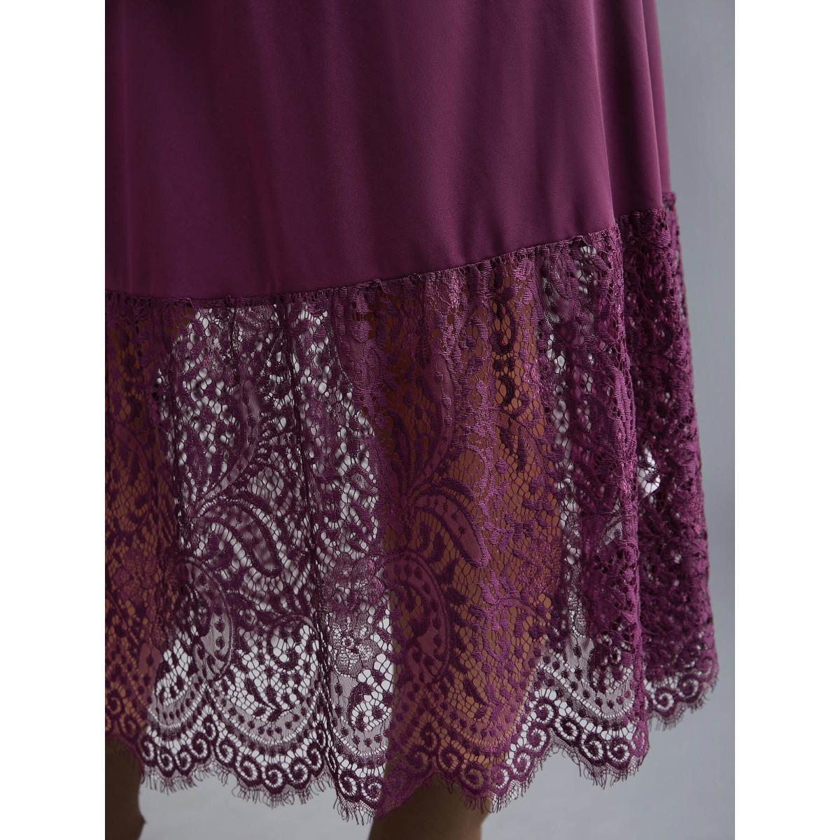 Plus Size Mock Neck Crochet Lace Belted Dress Deeppurplered Women Elegant Woven ribbon&lace trim Knit Dresses Bloomchic 22-24/3X Product Image