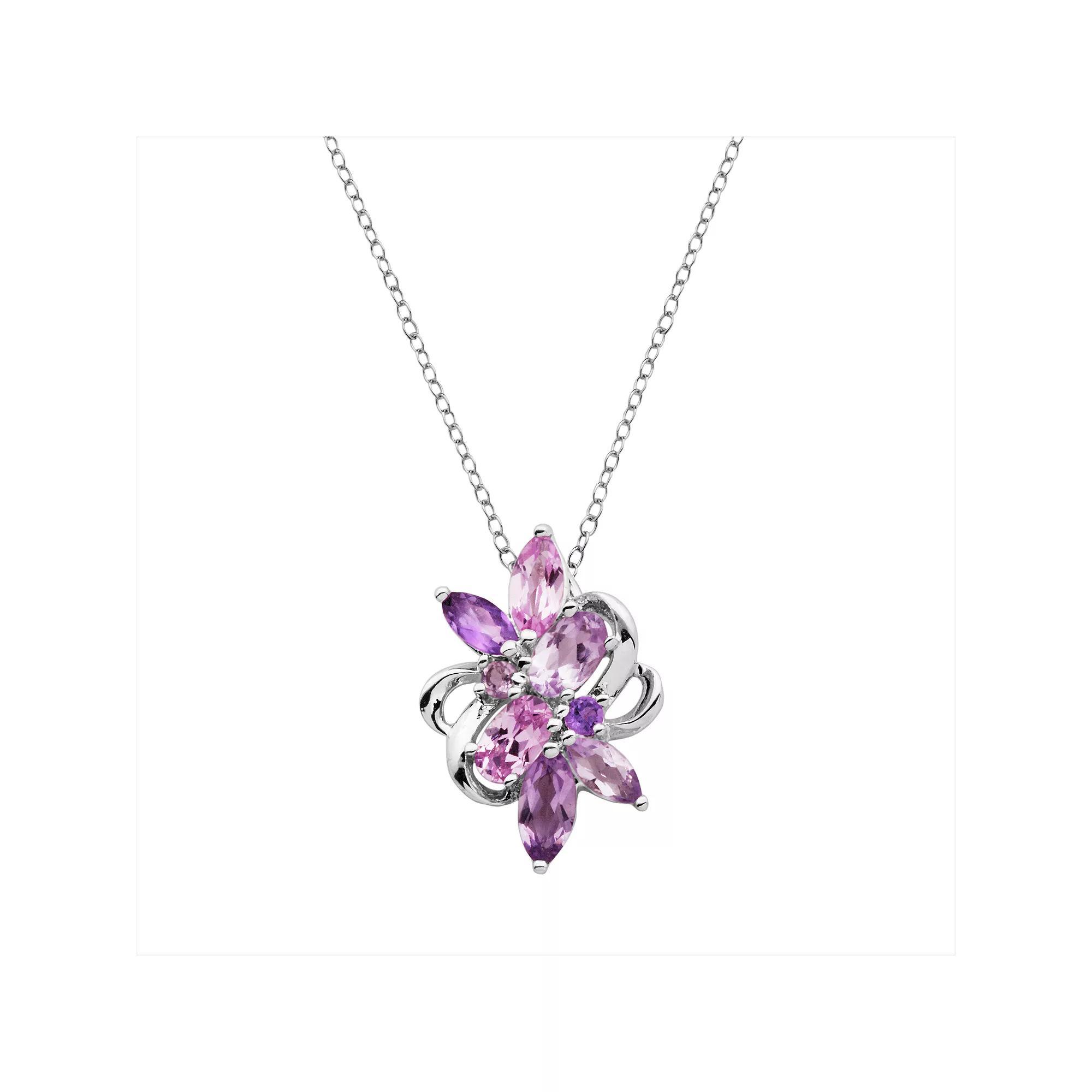 Sterling Silver Amethyst and Lab-Created Pink Sapphire Cluster Pendant, Women's, Size: 18", Purple Product Image