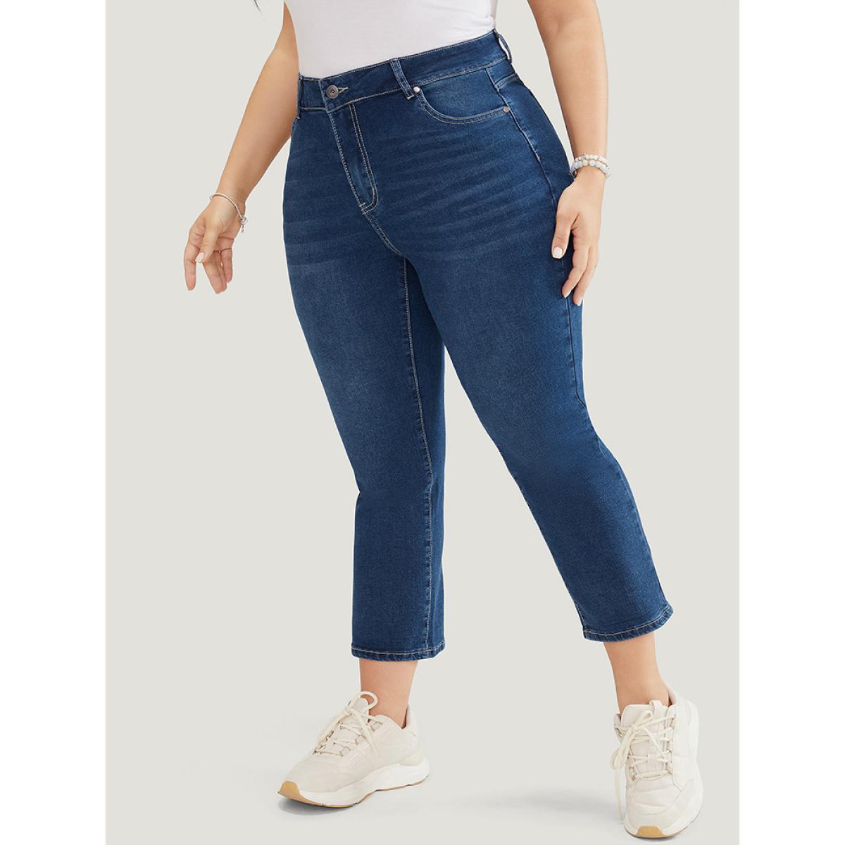 Plus Size Skinny Moderately Stretchy High Rise Dark Wash Jeans Women DarkBlue Casual Plain Medium stretch Jeans BloomChic 12/L Product Image