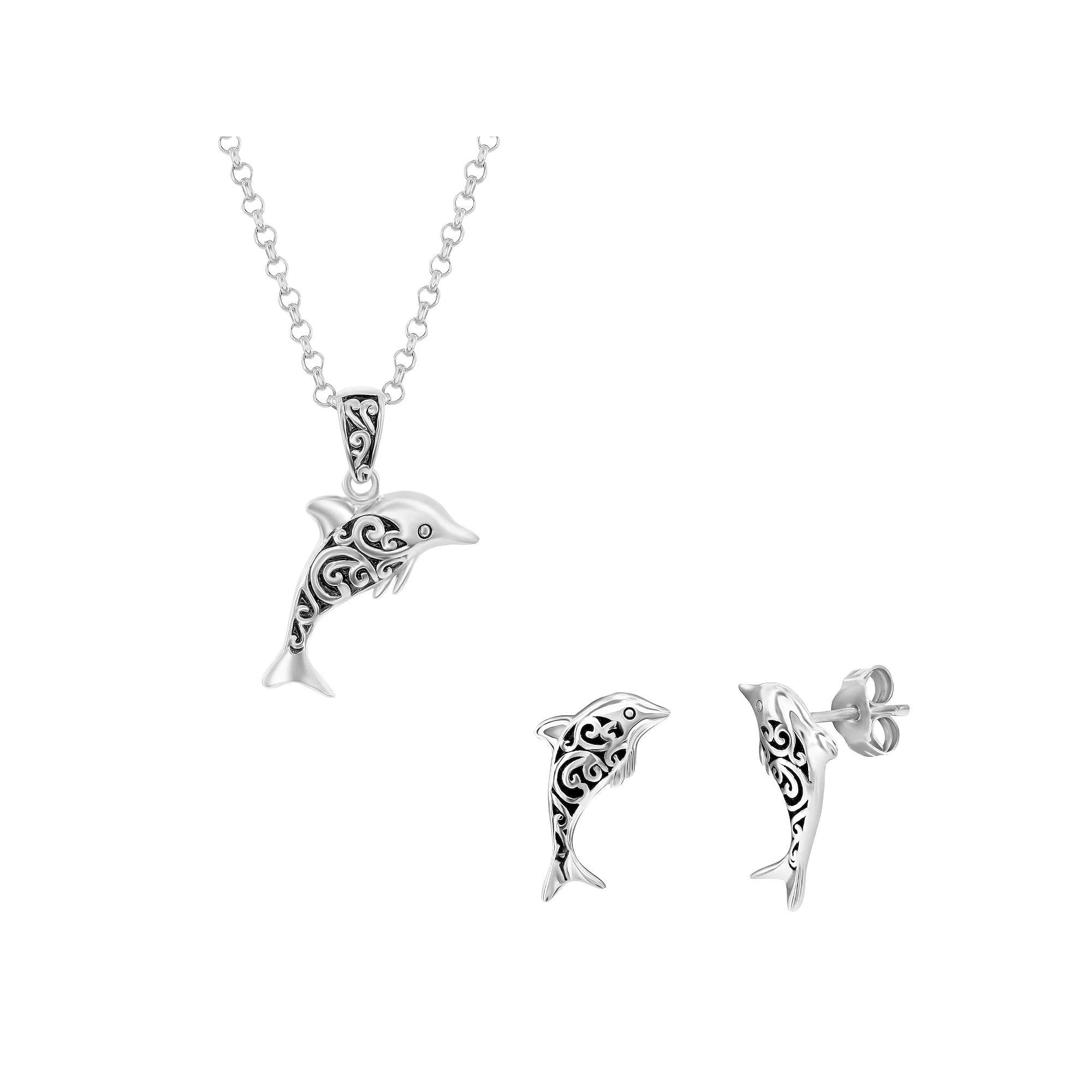 Argento Bella Sterling Silver Oxidized Dolphin Earrings & Necklace Set, Women's, Size: 18" Product Image