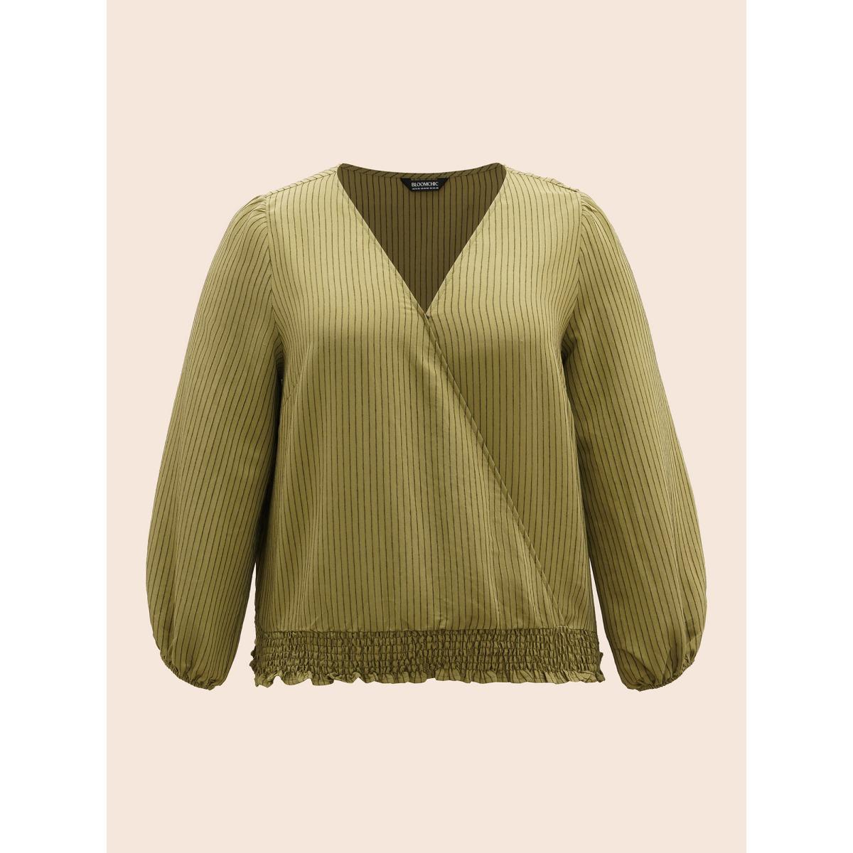 Plus Size ArmyGreen Striped Textured Overlap Collar Shirred Blouse Women Elegant Long Sleeve Overlap Collar Everyday Blouses BloomChic 10/M Product Image