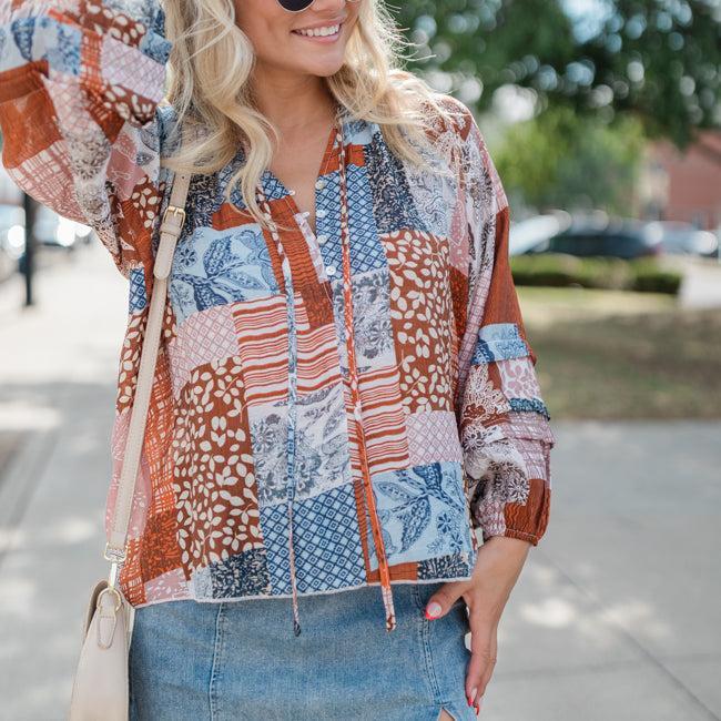 Outlook On Life Brown Multi Patchwork Printed Blouse FINAL SALE Product Image