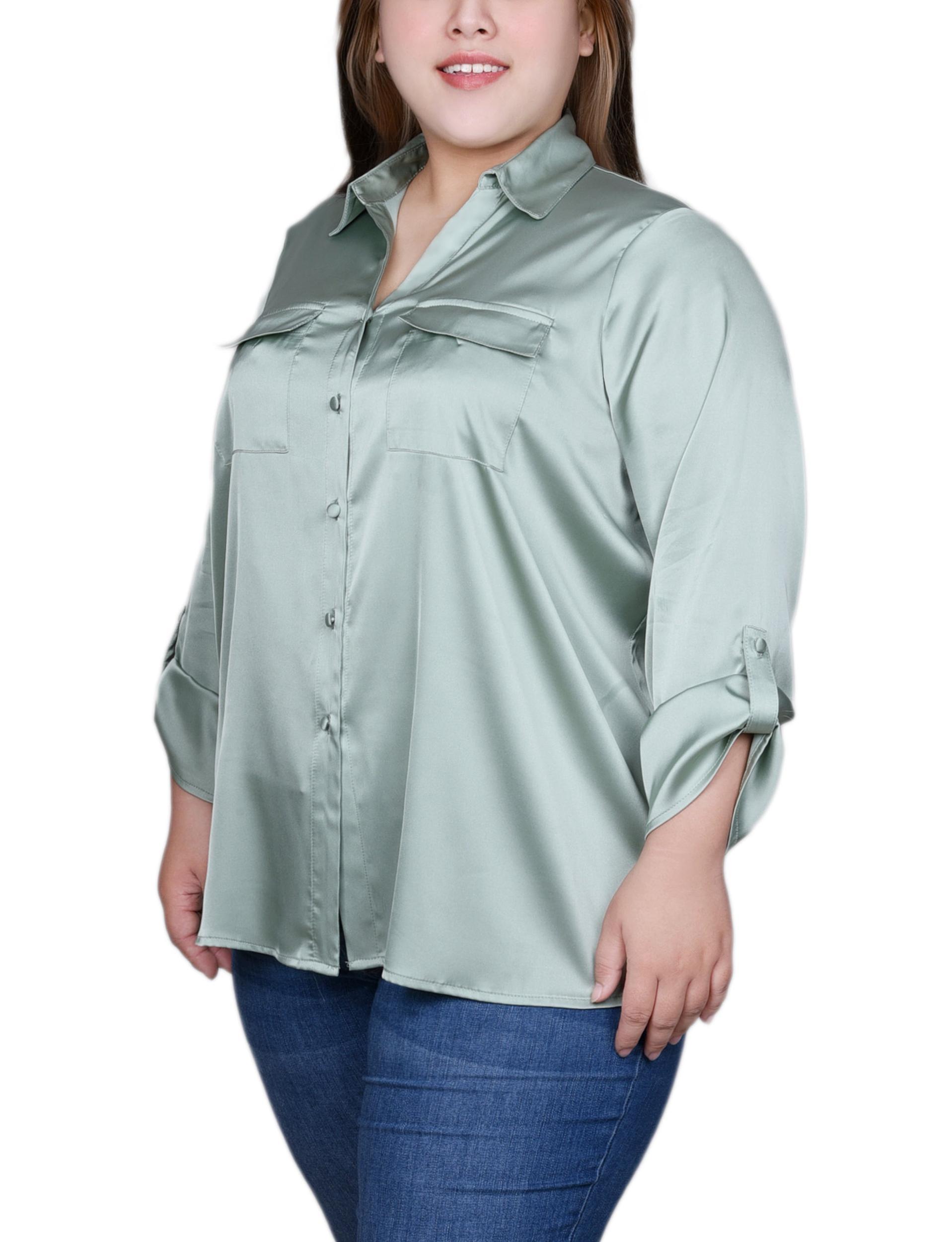 Green 3/4 Sleeve Roll Tab Satin Blouse - Plus Size Product Image