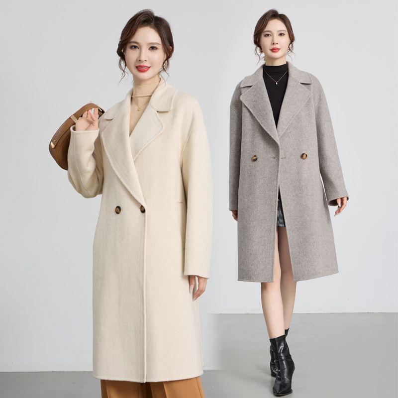 Notch Lapel Plain Double-Breasted Long Coat Product Image