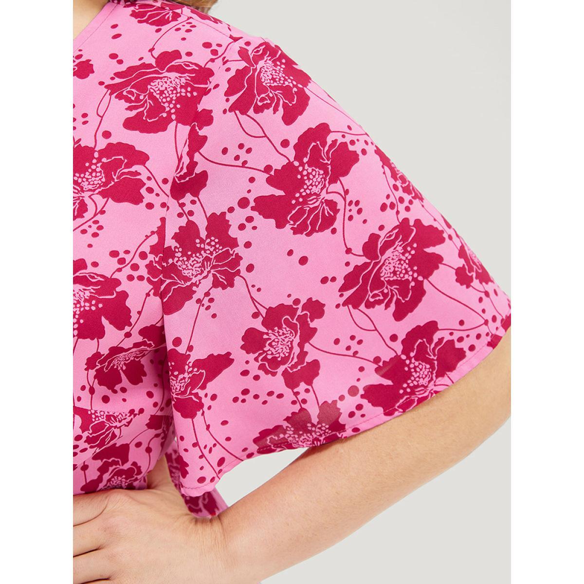 Plus Size Floral Button Detail Pocket Knotted Ruffle Hem Dress Pink Women Elegant Button V-neck Short sleeve Curvy Midi Dress BloomChic 12/L Product Image