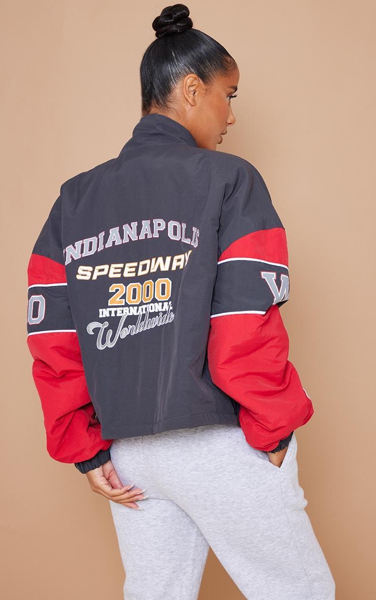 Red Oversized Graphic Zipped Racer Bomber Jacket Product Image