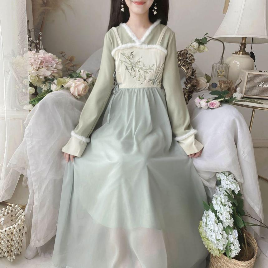 Long-Sleeve V-Neck Mock Two-Piece Bamboo Embroidered Fluffy Trim Midi A-Line Dress Product Image