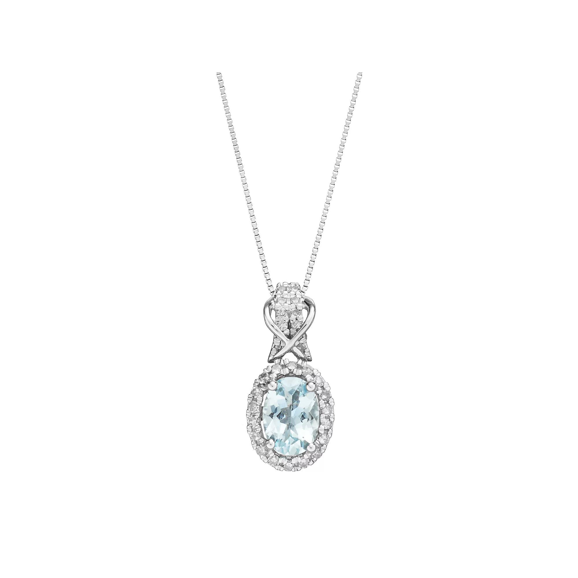 Gemminded 10k White Gold Aquamarine & 1/6 Carat T.W. Diamond Halo Pendant Necklace, Women's, Size: 18", Blue Product Image