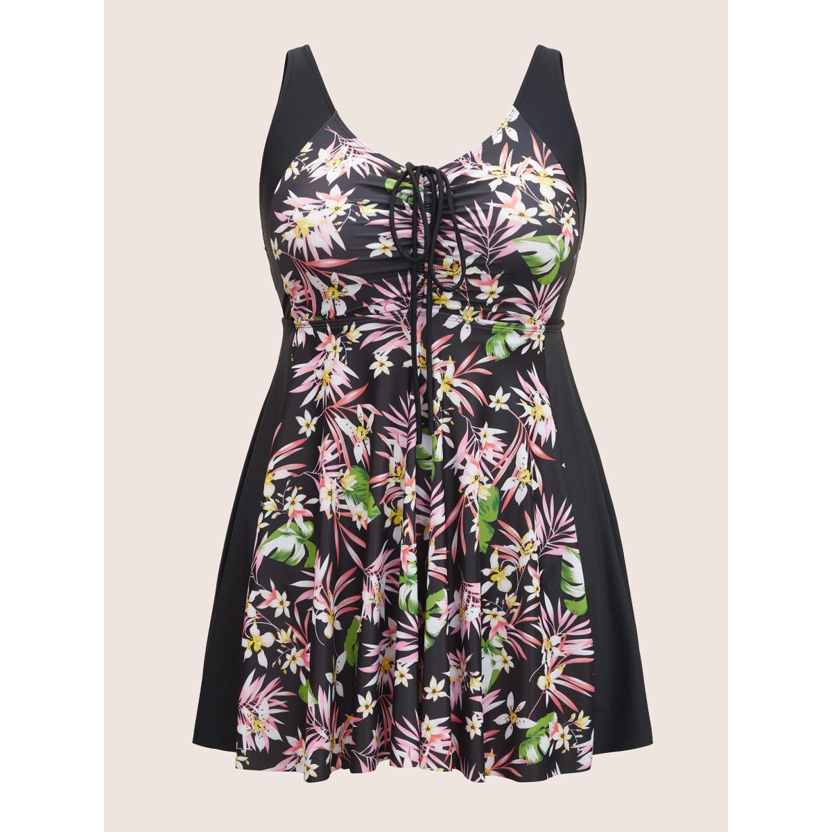 Plus Size Tropical Print Patchwork Drawstring Swim Dress Women's Swimwear Black Beach Bodycon U-neck High stretch Curve Swim Dresses BloomChic 22-24/3X Product Image