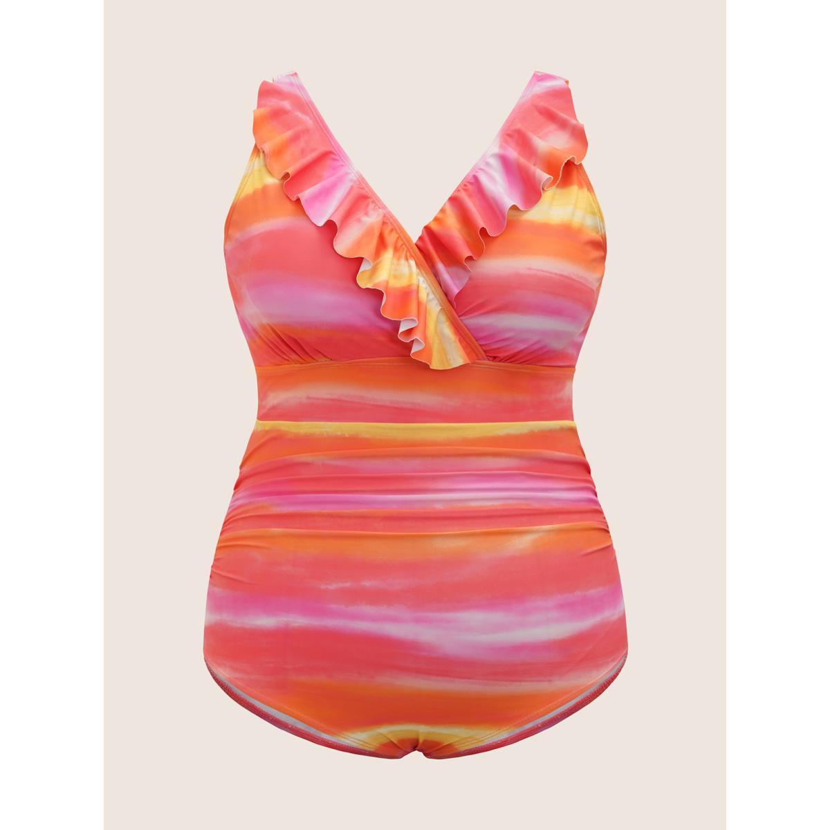 Plus Size Ombre Wrap Ruffle Trim One Piece Swimsuit Women's Swimwear Multicolor Beach Gathered Curve Bathing Suits High stretch One Pieces BloomChic 10/M Product Image