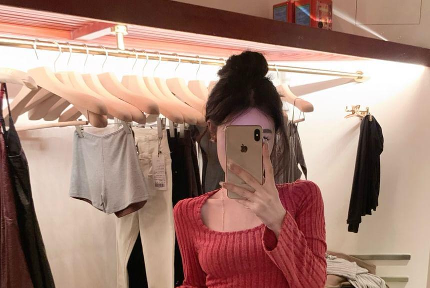 Long Sleeve Scoop Neck Plain Ribbed Top Product Image