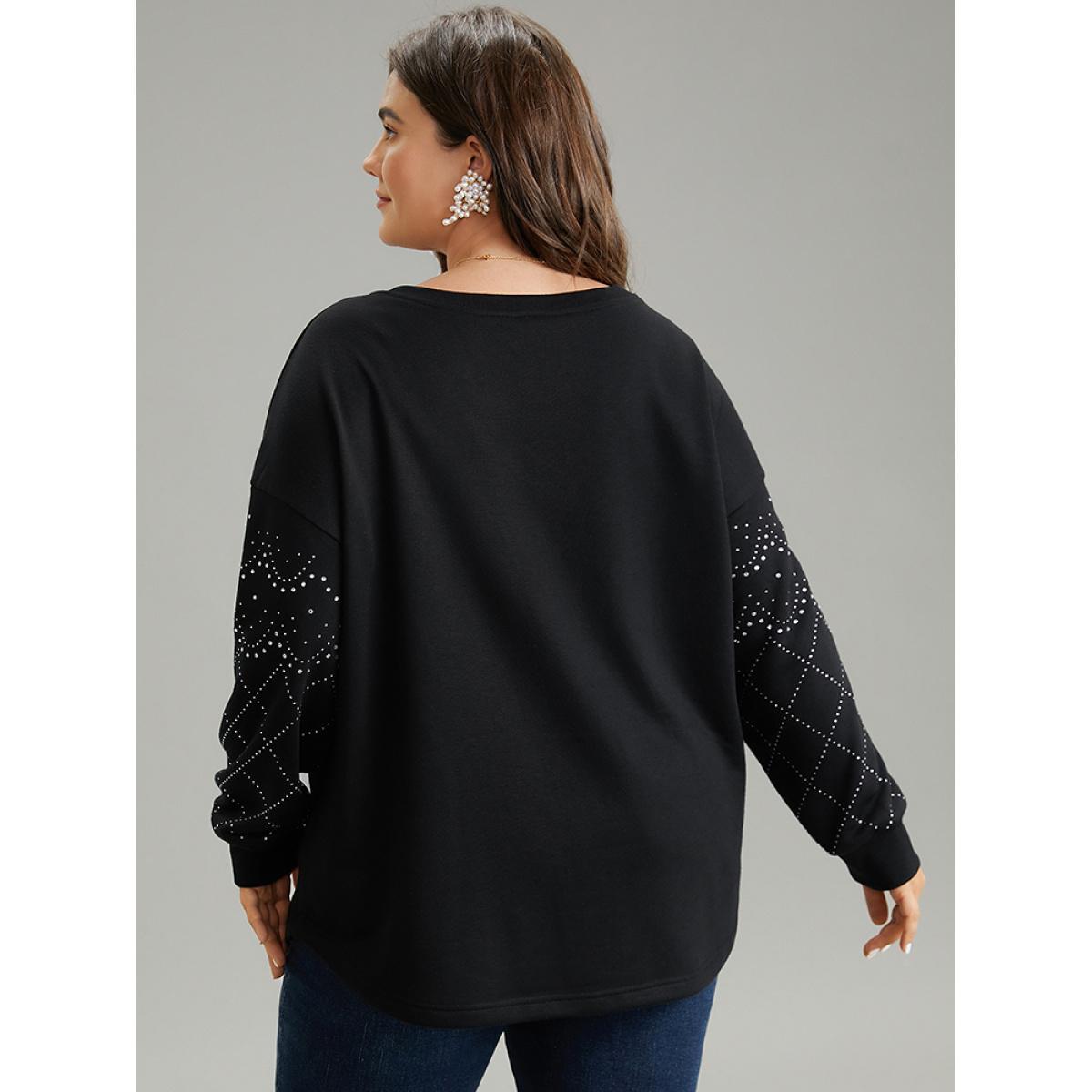 Plus Size Rhinestone Plain Drop Shoulder Sweatshirt Women Black Elegant Rib Knit V-neck Dailywear Sweatshirts BloomChic 14-16/1X Product Image