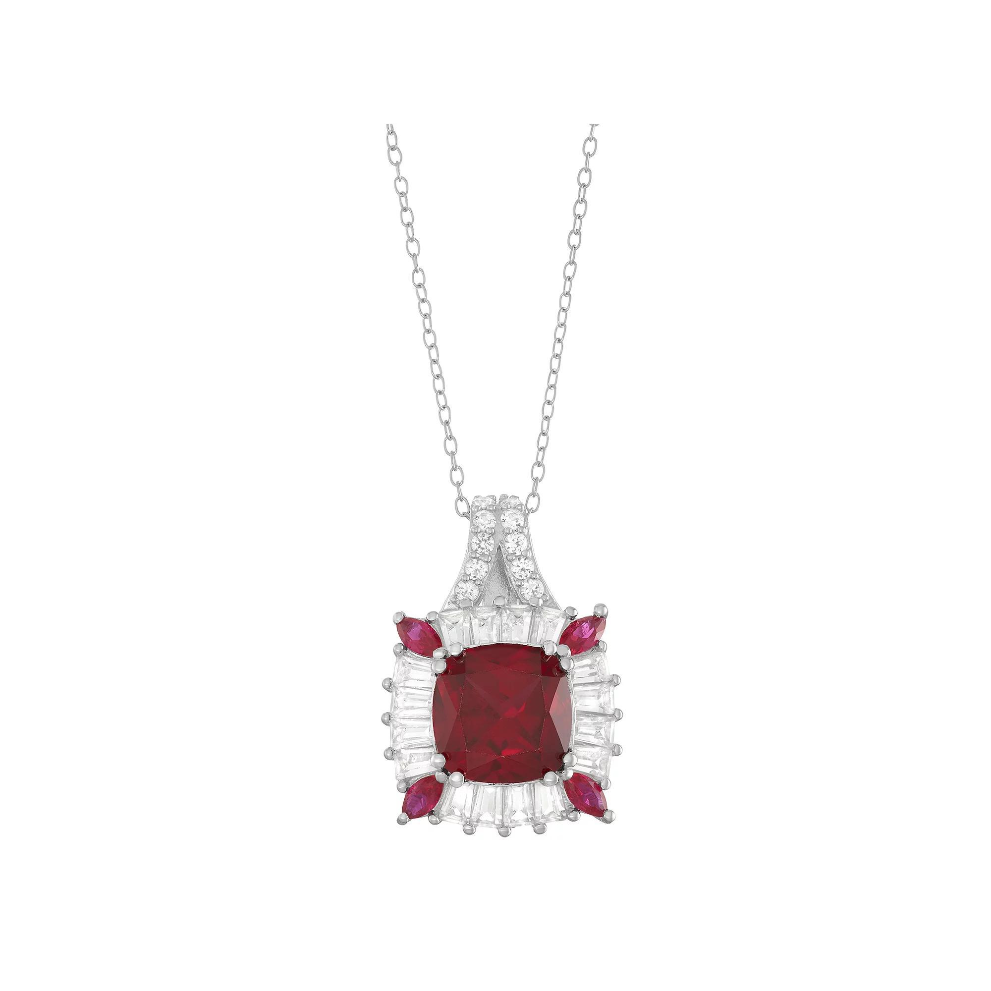 Sterling Silver Lab-Created Ruby and Lab-Created White Sapphire Cushion Pendant Necklace, Women's, Size: 18" Product Image