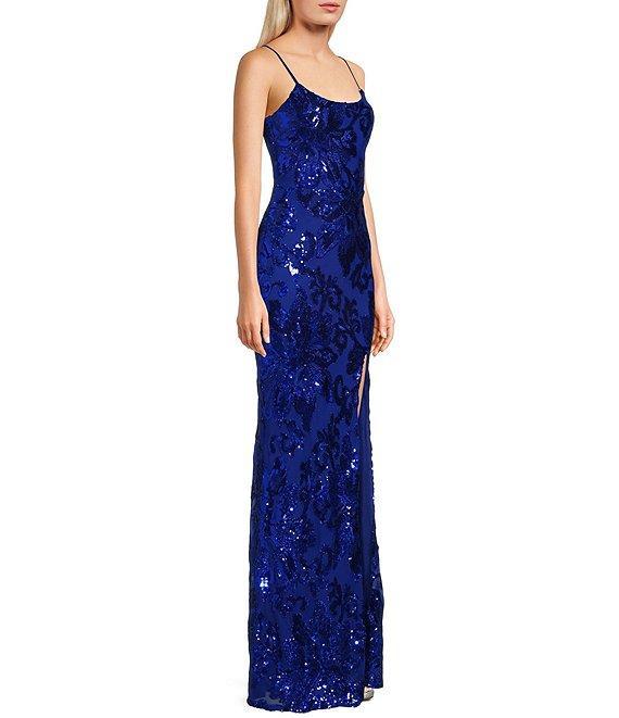 Midnight Doll Patterned Sequin Scoop Neck Spaghetti Strap Side Slit Dress Product Image