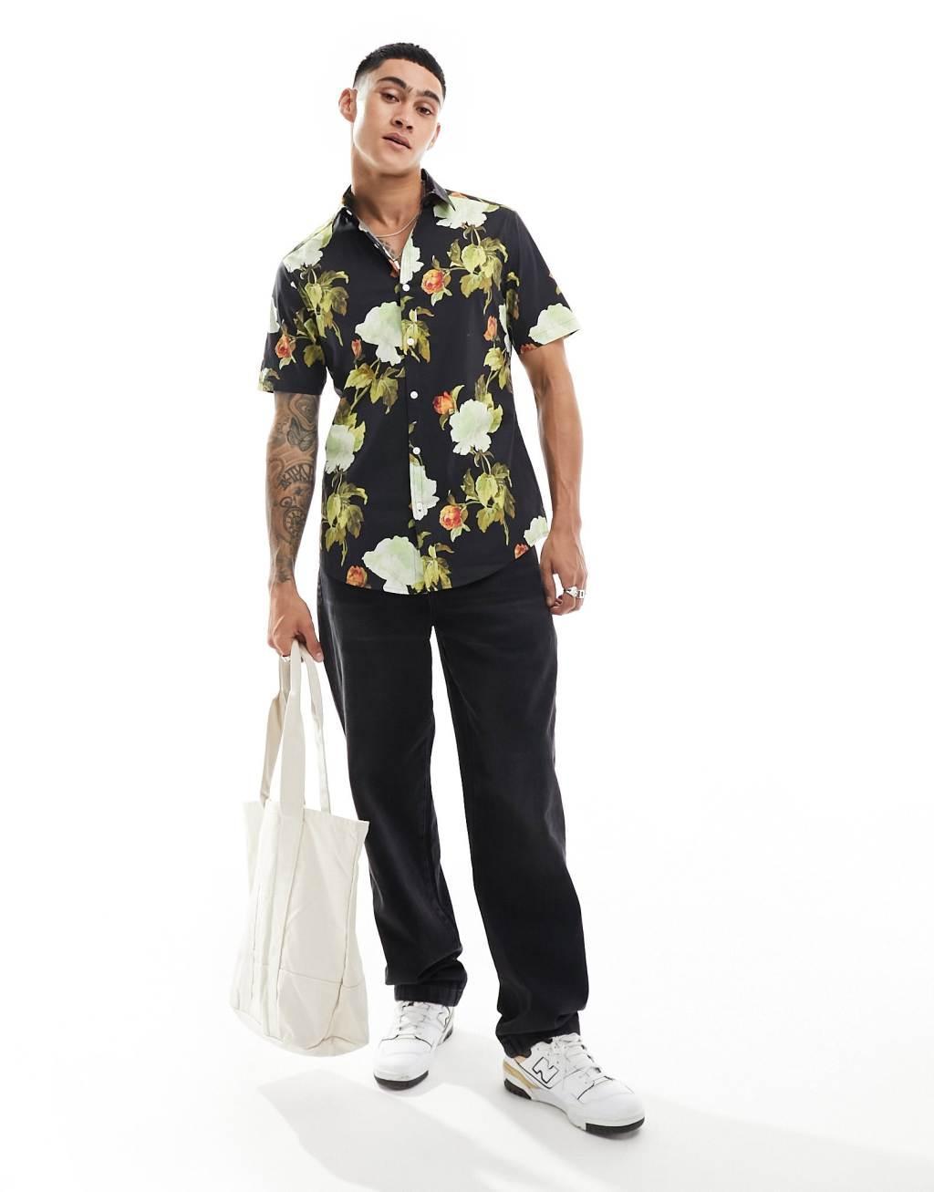 ASOS DESIGN stretch slim poplin shirt in floral print Product Image