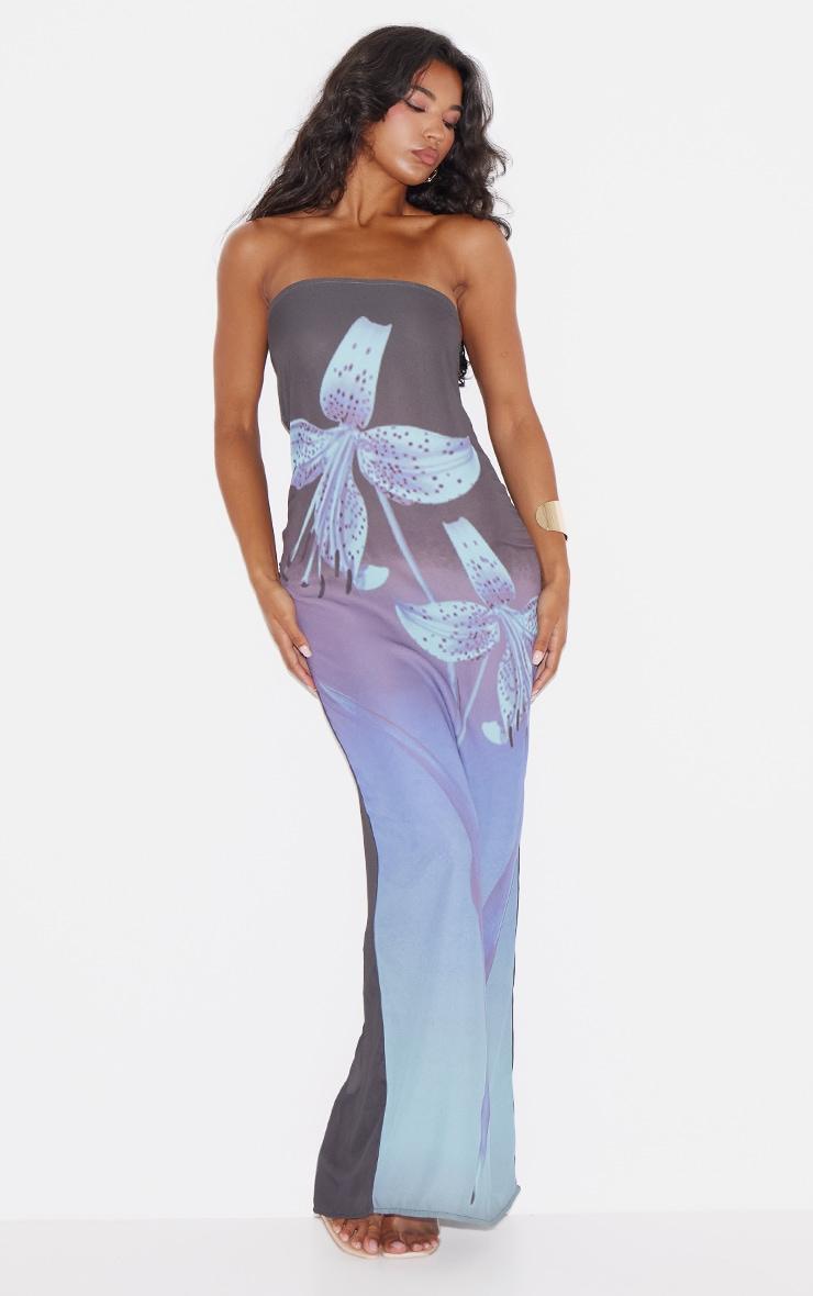 Blue Oversized Chiffon Floral Print Bandeau Maxi Dress Product Image