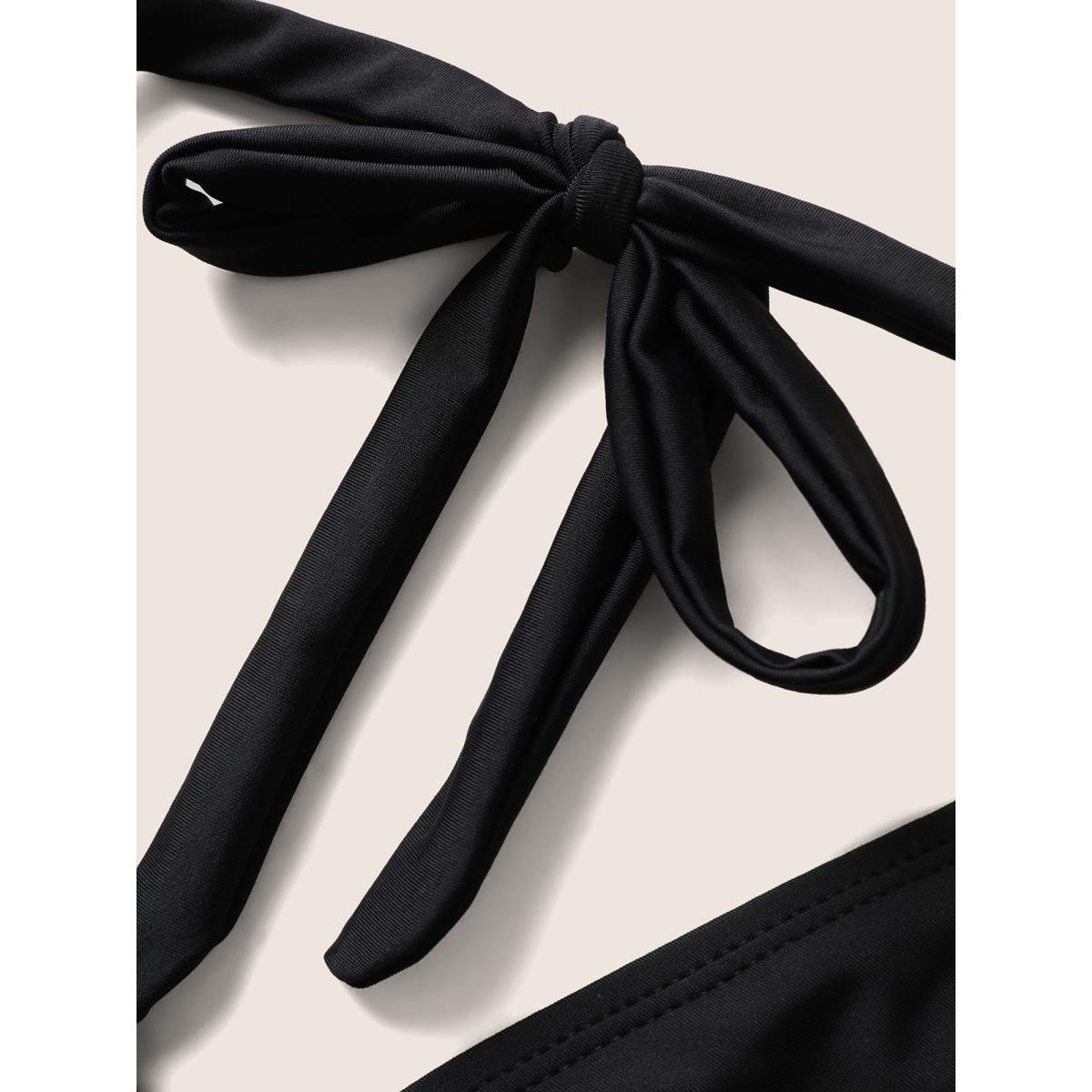 Plus Size Embroidered Wrap Tie Knot Swim Top Women's Swimwear Black Beach Woven ribbon&lace trim High stretch Skinny Overlap Collar Curve Swim Tops BloomChic 28/5X Product Image