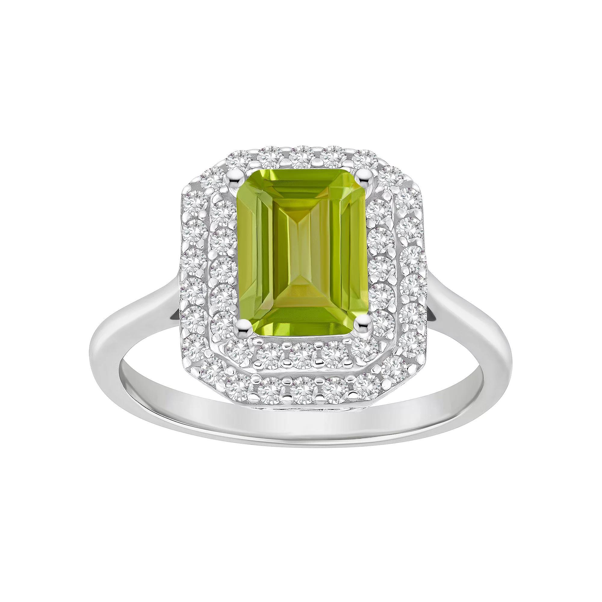 Celebration Gems Sterling Silver Emerald-Cut Peridot & White Topaz Double Halo Ring, Women's, Size: 10 Product Image
