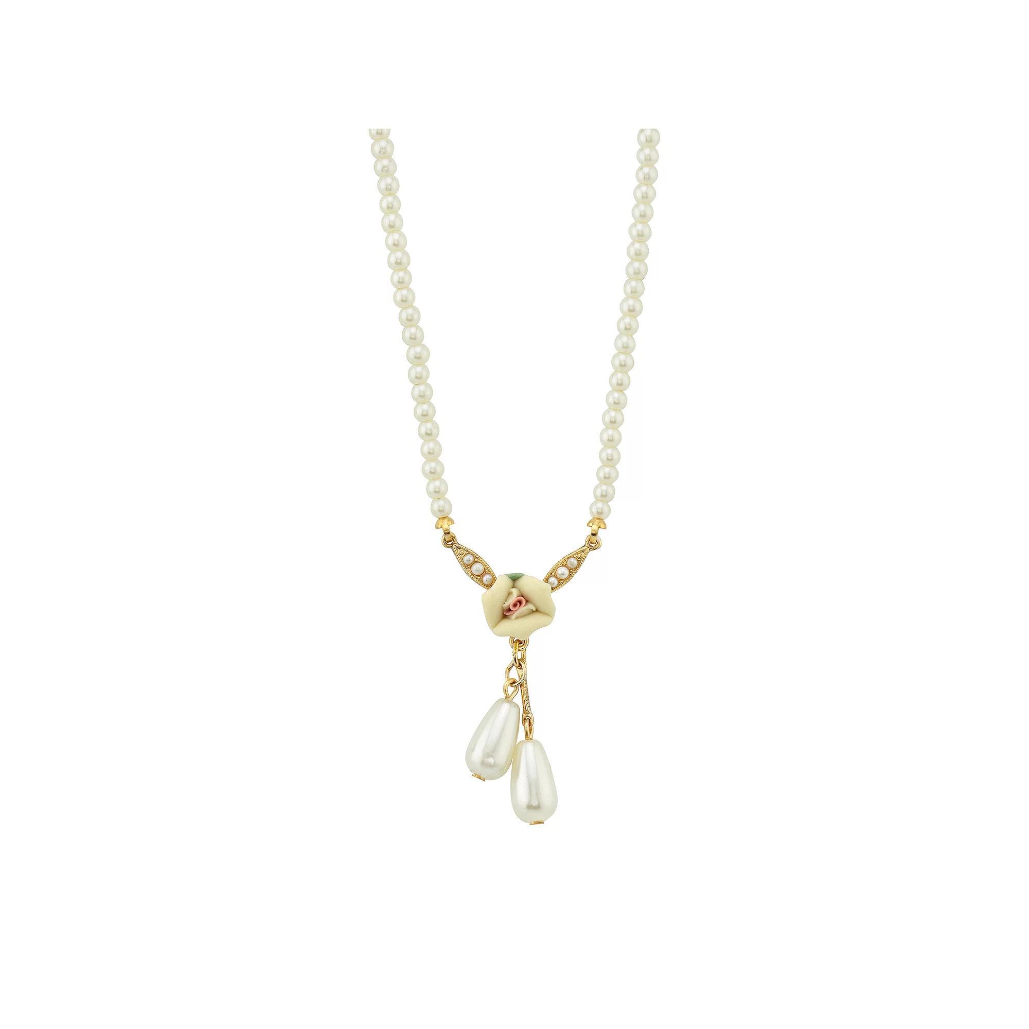 1928 Gold Tone Porcelain Rose and Faux Pearl Drop Necklace, Womens, White Product Image