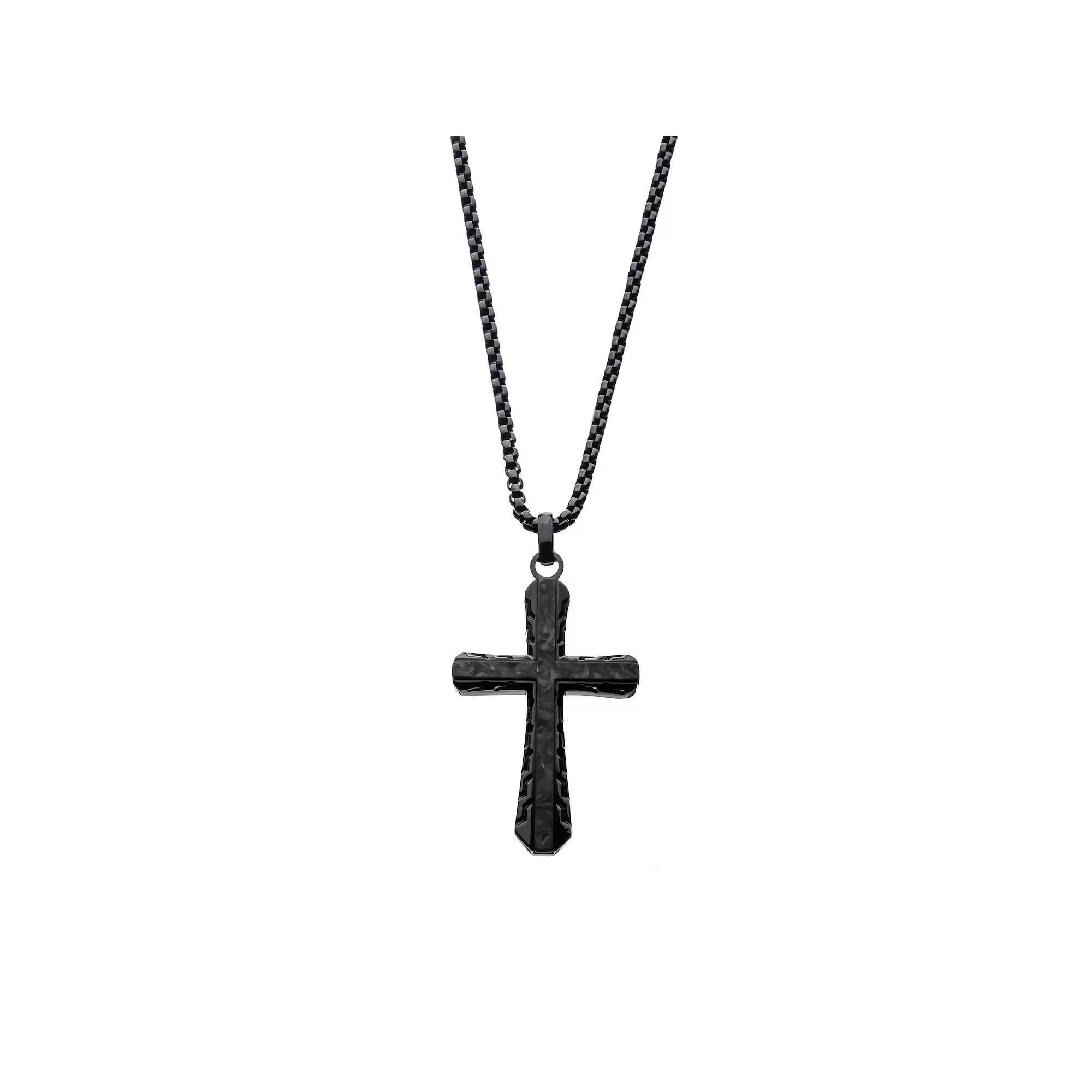 Men's Fine Silver Stainless Steel Black Carbon Epulchre Cross Pendant Necklace, Size: 24" Product Image
