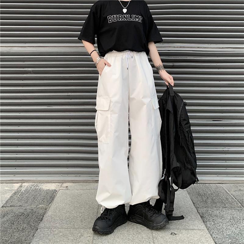 Drawstring Waist Plain Wide Leg Cargo Pants Product Image