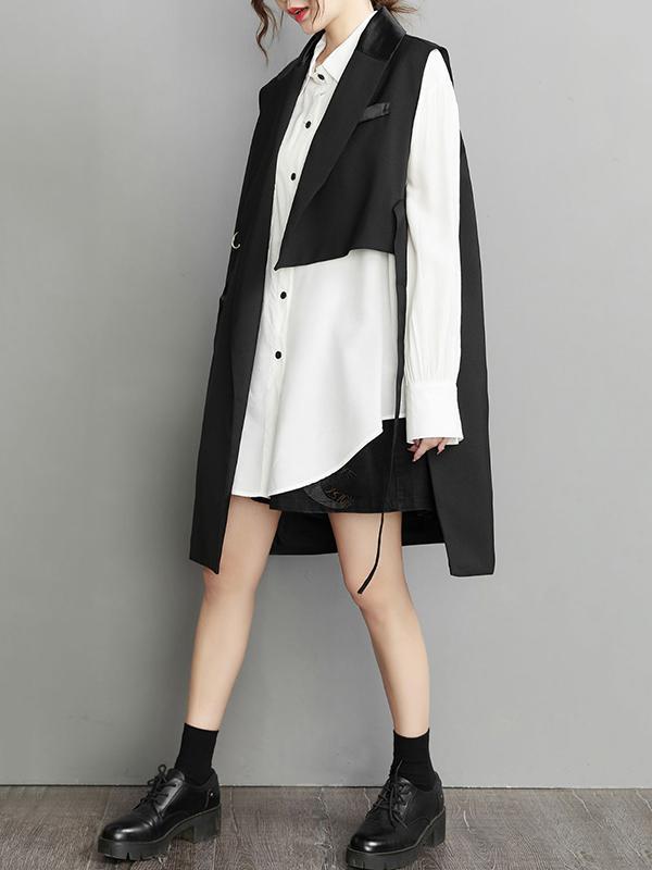 Sleeveless Asymmetric Pockets Tied Notched Collar Vest Outerwear Product Image