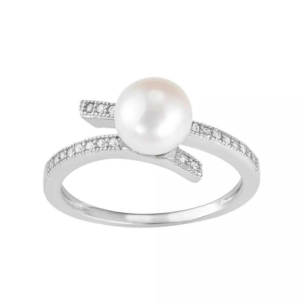 Sterling Silver Freshwater Cultured Pearl & Lab-Created White Sapphire Bypass Ring, Women's, Size: 7 Product Image
